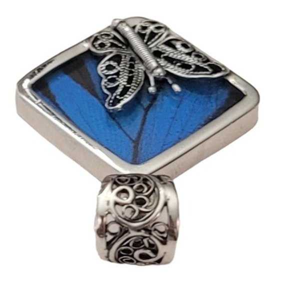 Sterling Silver Butterfly Charm, Blue Wing Large Filigree Bale Pendant E584 - Picture 6 of 9